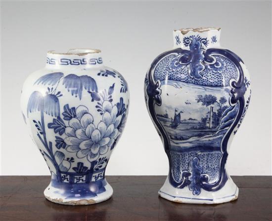 Two Delft blue and white vases, late 18th century, 17.5cm, both with losses to rims